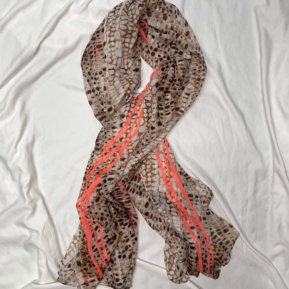 Calvin Klein Leopard Brown Scarf with Neon Coral Stripes